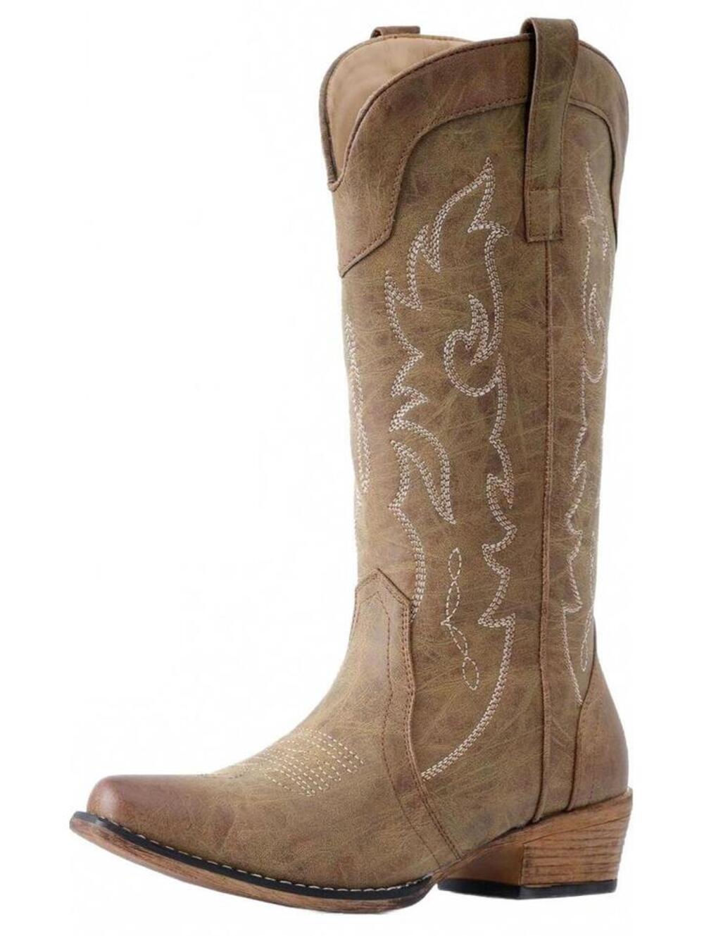 IUV Western Style Brown Women's Cowboy Embroidered Mid Calf Boots Shoes